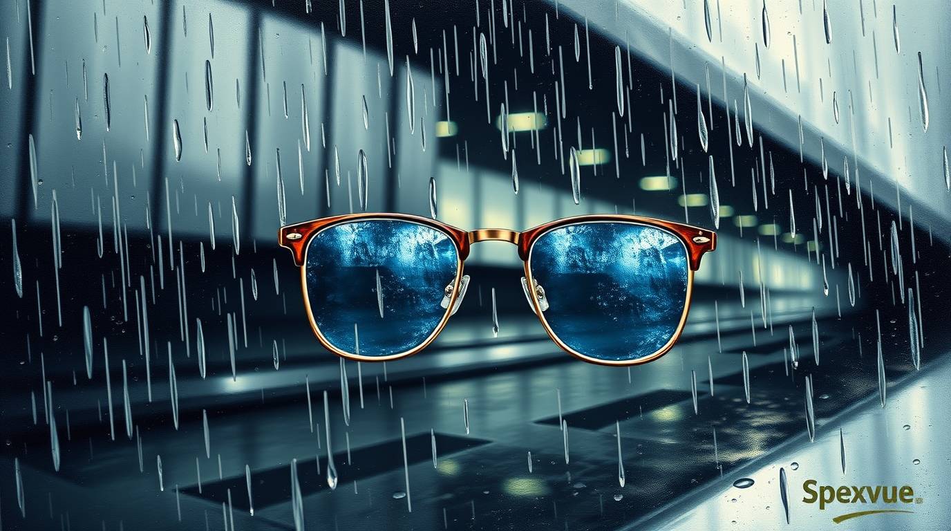 Classic oil painting style depicting a wet rainy scene. Spexvue eyewear—prescription glasses, sung