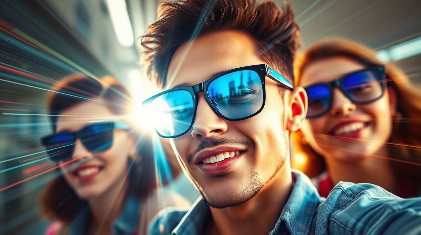 Dynamic Spexvue eyewear background with bright lens flare. Blurred lines and light streaks accent