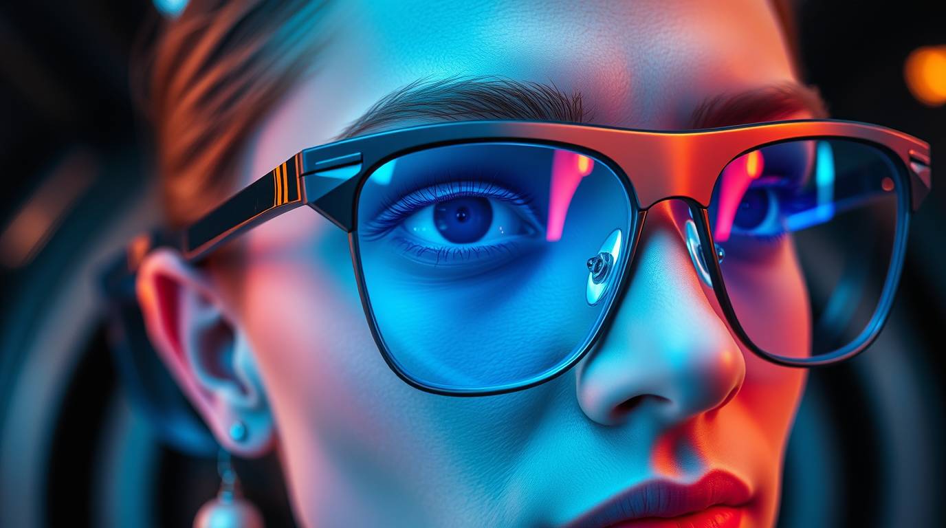 Extreme macro close-up, futuristic sci-fi style. Spexvue eyewear sleek sunglasses, prescription gl
